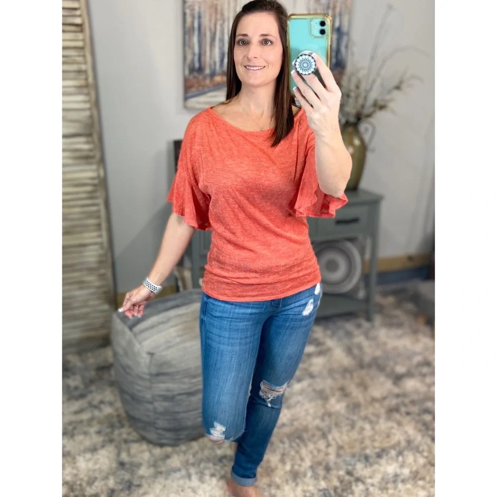 ❤️‍🔥Boat Neck Short Ruffle Bell Dolman Sleeve Top Coral 0922 - Picture 14 of 14